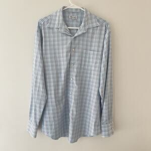 Peter Millar Summer Comfort Check‎ Shirt M Blue Plaid Button Front Golf Casual